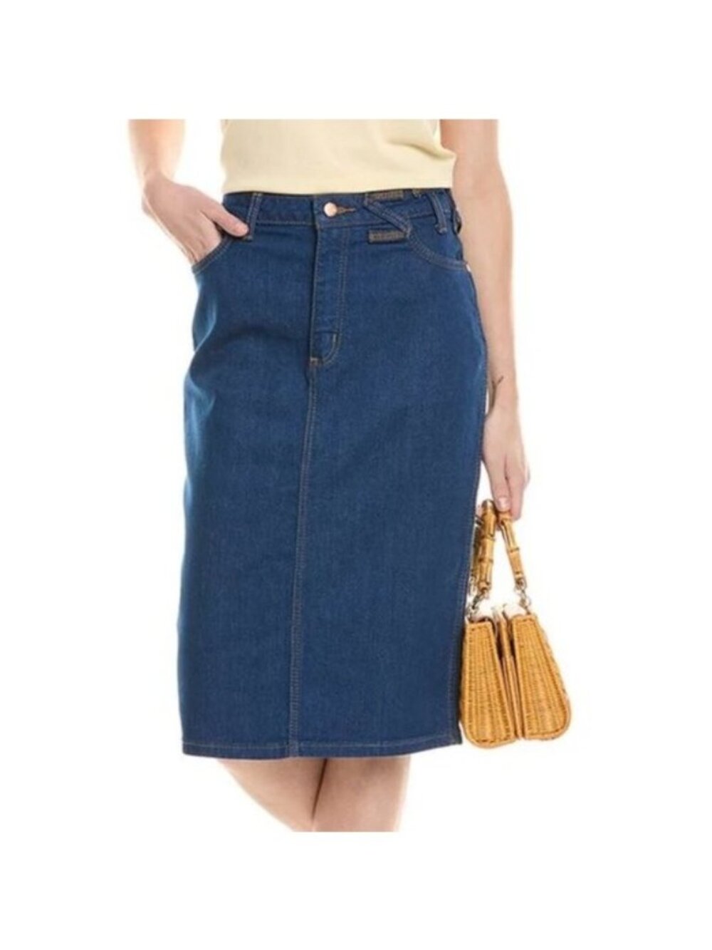 STAUD Wrangler Denim Pencil Skirt 31 Dark Rinse Blue High Waist Western Boho